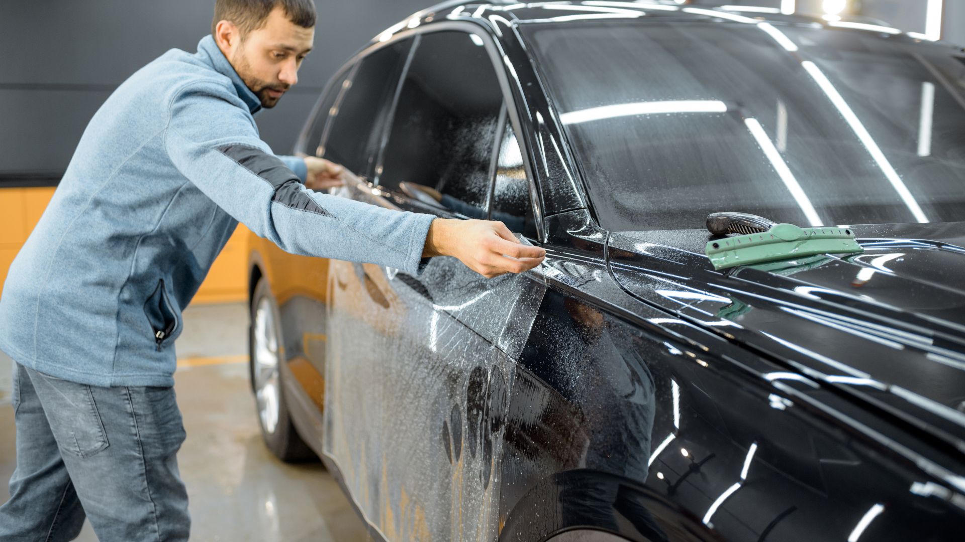 Man in a blue jacket washing a black car, scrubbing the door with soap suds visible on the vehicle in a garage setting.