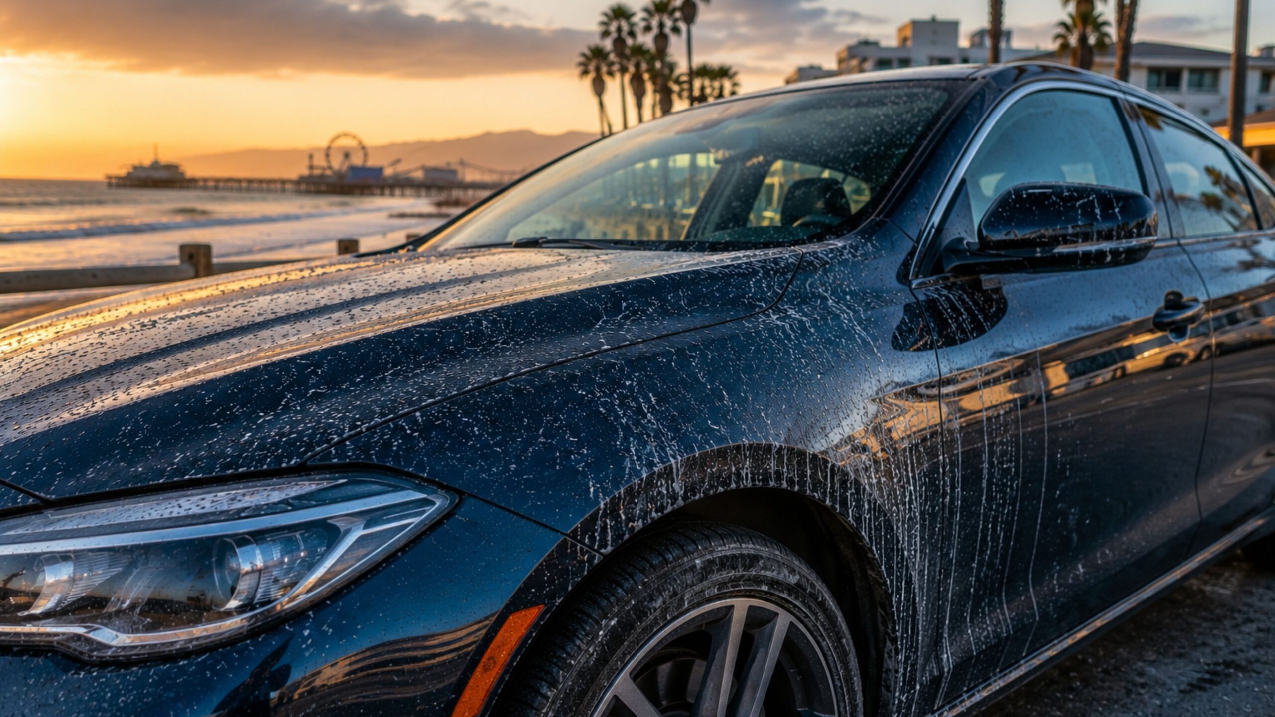 Close-up of a dark blue car with rain droplets on its surface, parked by a sunset-lit beach with a pier in the background.
